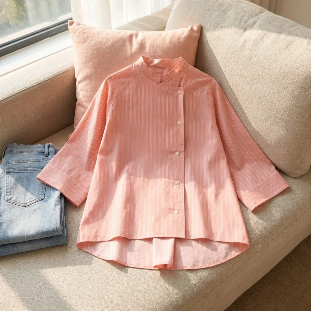 Striped Loose Striped Shirt Elegant Mid Sleeve Button Tops European American Style Asymmetric Casual Blouse for Woman