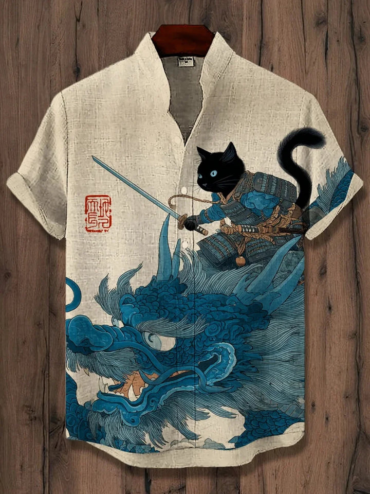 Men's Printed Short Sleeve Shirt Fashionable Casual Outdoor Breathable Linen Stand up Collar for Social Parties