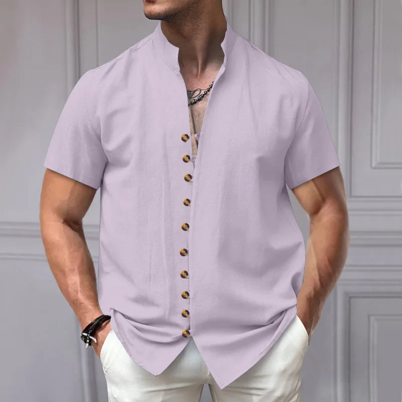 Summer New Short Sleeve Shirts for Men Fashion Solid Casual Linen Tops Breathable Stand Collar Loose Beach Blouses Men Clothing