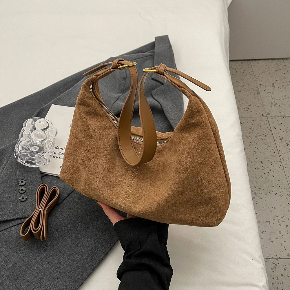 Vintage Women’s Suede Handbag – Designer Crescent Hobo Crossbody Bag