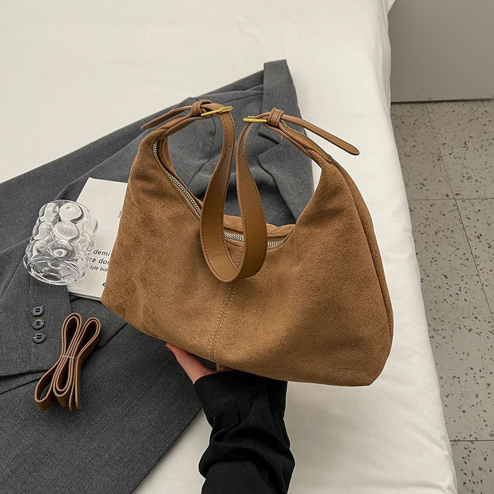 Vintage Women’s Suede Handbag – Designer Crescent Hobo Crossbody Bag