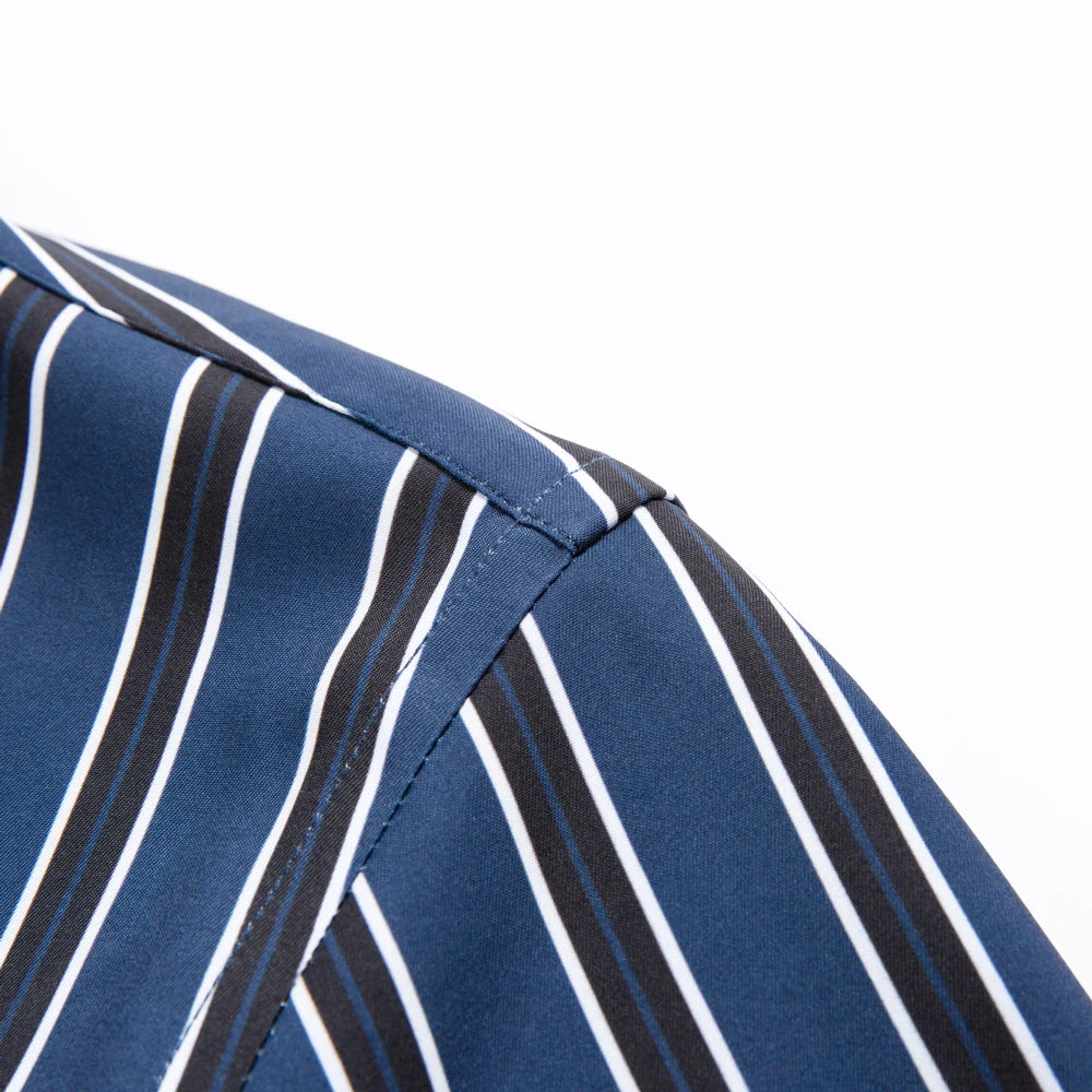 Men's Elegant  Striped Iron-Free Long Sleeve Dress Shirts - Breathable, Stretchy Casual Button Up Shirt For Formal Occasions