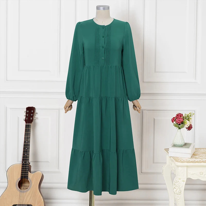 ZANZEA Elegant Muslim Abaya Dress Women O Neck Long Sleeve Pleated Sundress Maxi Robe Casual Kaftan Stylish Party Dress Ramadan