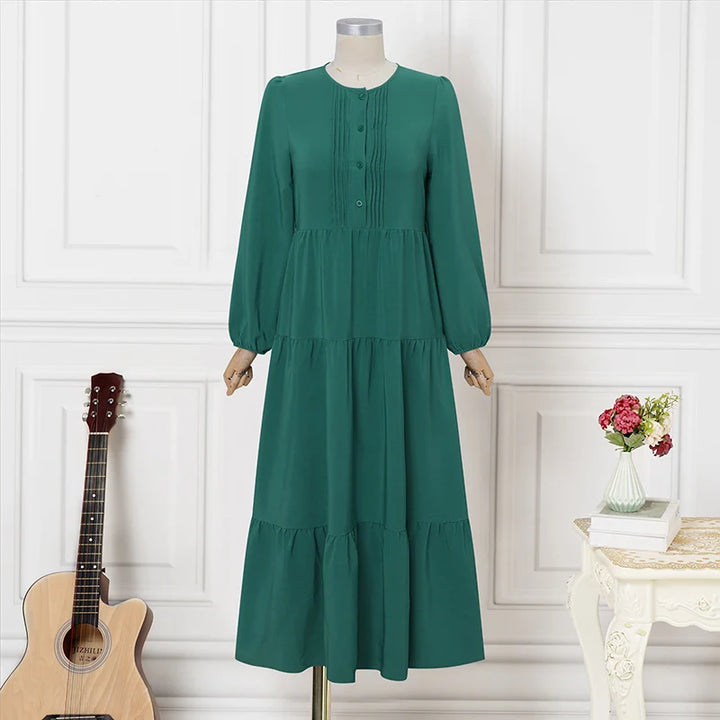 ZANZEA Elegant Muslim Abaya Dress Women O Neck Long Sleeve Pleated Sundress Maxi Robe Casual Kaftan Stylish Party Dress Ramadan