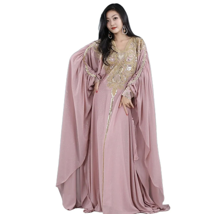 Khaleeji Gulf Dance Costume Women Gold Embroidery Kaftan Robe+Sleeveless Mermaid Slip Dress Belly Dance Performance Outfit