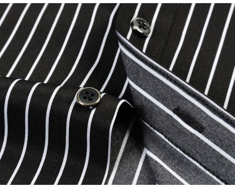 Men's Elegant  Striped Iron-Free Long Sleeve Dress Shirts - Breathable, Stretchy Casual Button Up Shirt For Formal Occasions