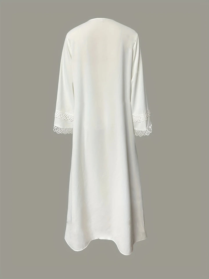 Middle Eastern Ethnic Style Elegant Open-Front Solid Color Robe, New Muslim Loose-Fitting Comfortable Breathable Beach Vacation White Cover-Up, Dubai Saudi Traditional Long-Sleeve Clothing, Exquisite Lace Cardigan, Festival P