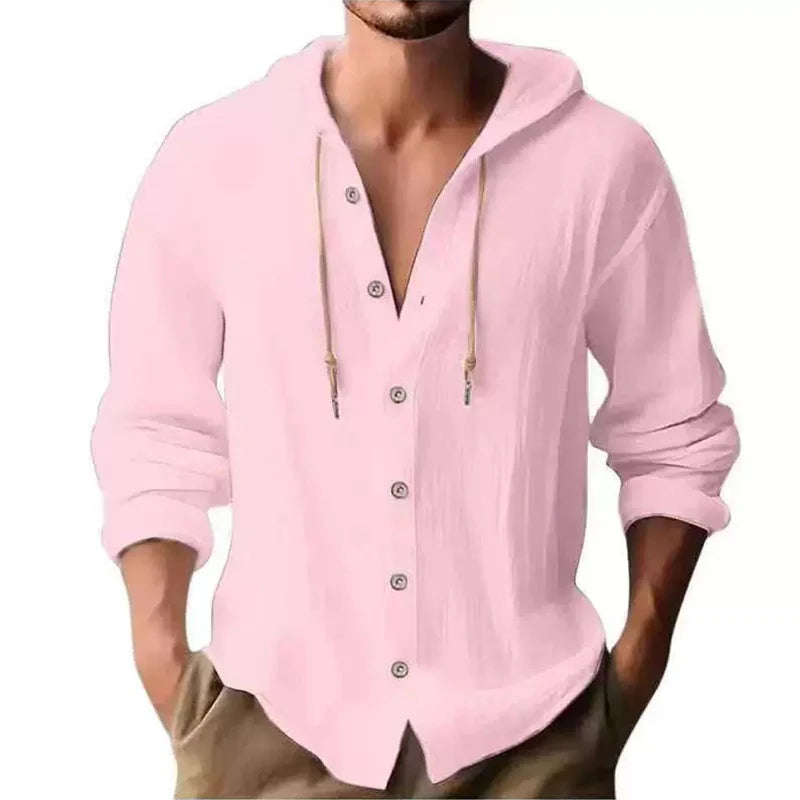 Men's Linen Shirt Solid Streetwear Long Sleeve Hoodie Cardigan Clothing For Men Button Tops Casual Loose Men Hooded Shirt