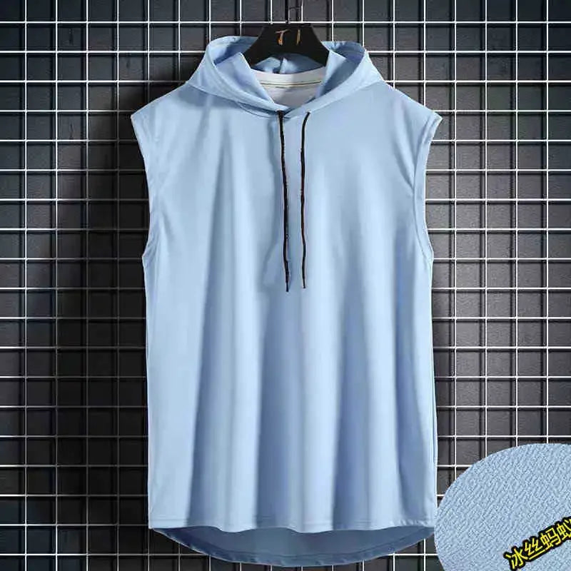 Men Tie Collar Hooded Sleeveless Vests Male Summer Loose Solid Hip Hop Tee Shirt Tops