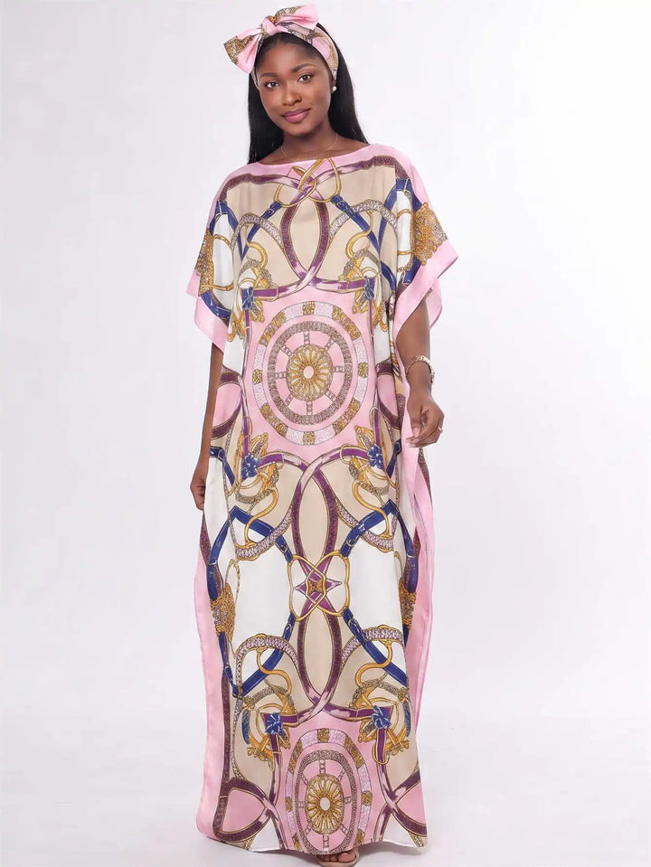 Women Muslim Kaftan Abaya With Matching Hijab Scarf Chain Print Maxi Dress Loose Batwing Sleeve Long Robe Set For Malay