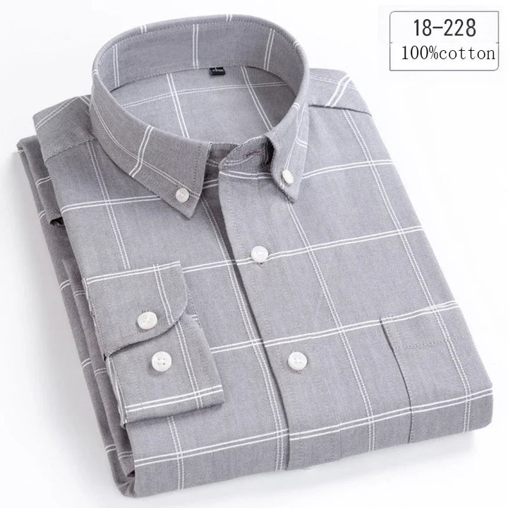 New in Shirt 100% Cotton Long-Sleeve Shirts for Men Slim Fit Plain Shirt Thin Plaid Striped Tops Fashion Elegants Office Clothes