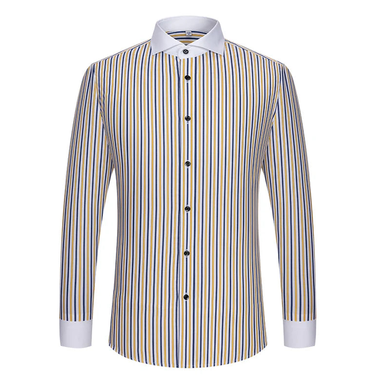 Men's shirt long sleeved slim fit striped Windsor collar contrasting color collar business casual one line collar shirt