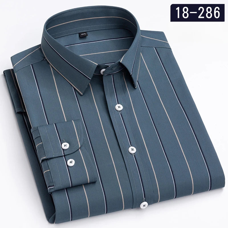 New in Shirt 100% Cotton Long-Sleeve Shirts for Men Slim Fit Plain Shirt Thin Plaid Striped Tops Fashion Elegants Office Clothes
