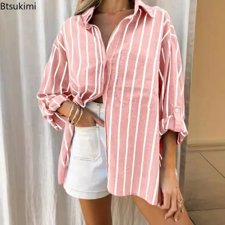 2026 Casual Loose Striped Shirts for Women Spring Summer Fashion Vintage Lapel Long Sleeve Tops Ladies Elegant Versatile Blouses