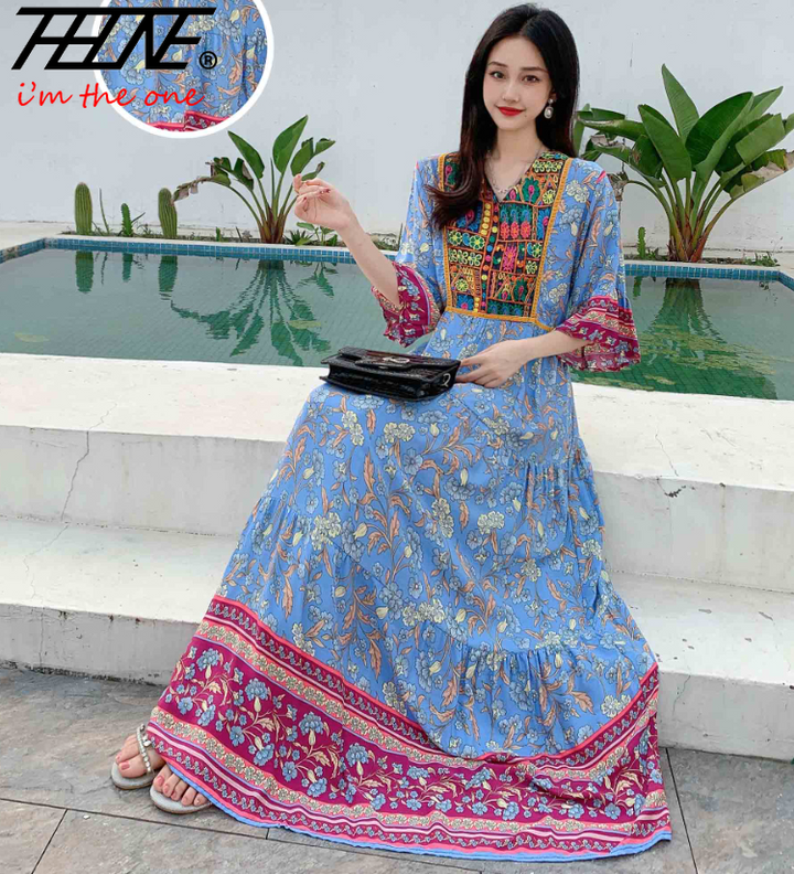 Women’s Indian Summer Dress – Embroidered Elegant Maxi Party & Beach Dress