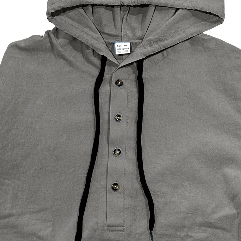 2026 New Men's  T-Shirts Spring Summer Hooded Cotton Linen Tops for Men Soft Loose Henley Shirt Casual Button Long Sleeve Shirts
