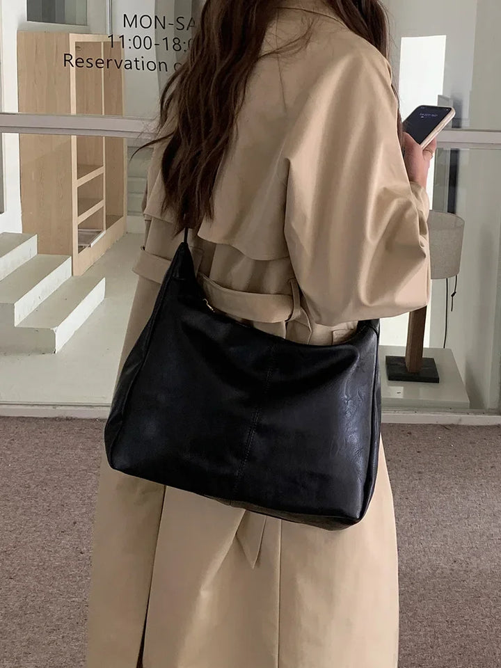 Women’s Soft PU Leather Tote – Foldable Slouchy Crossbody Handbag with Zipper