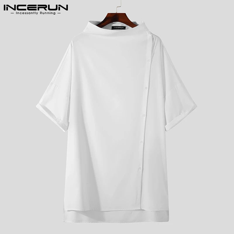 Handsome Well Fitting Men's Casual Shirts Solid Color Turtleneck Half Sleeve Button Up Camisa Masculina S-5XL INCERUN Tops 2023