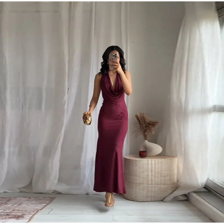 Women’s 2026 Vintage Red Lace-Up Dress – Sleeveless Deep V Neck Elegant Party Gown