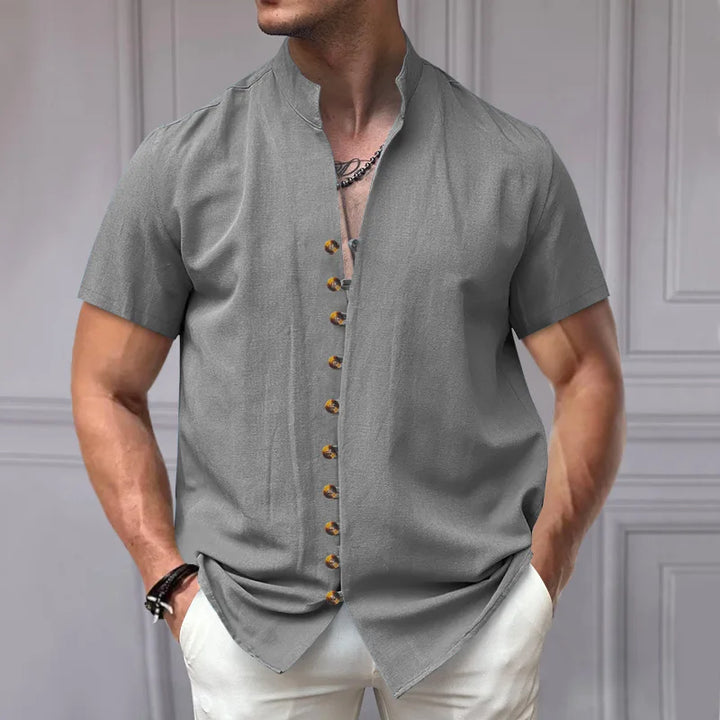Summer New Short Sleeve Shirts for Men Fashion Solid Casual Linen Tops Breathable Stand Collar Loose Beach Blouses Men Clothing