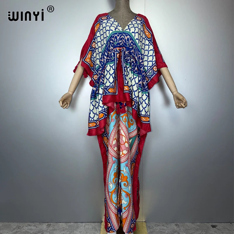 WINYI muslim woman dresses fashion kaftan party Dress Middle East Female loose kaftan abaya dubai luxury Print Caftan beachwear