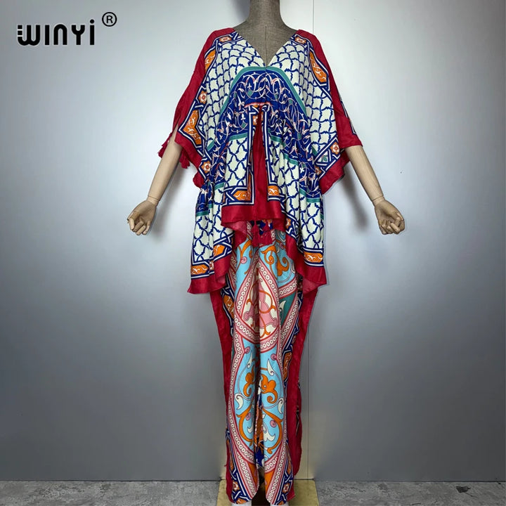WINYI muslim woman dresses fashion kaftan party Dress Middle East Female loose kaftan abaya dubai luxury Print Caftan beachwear