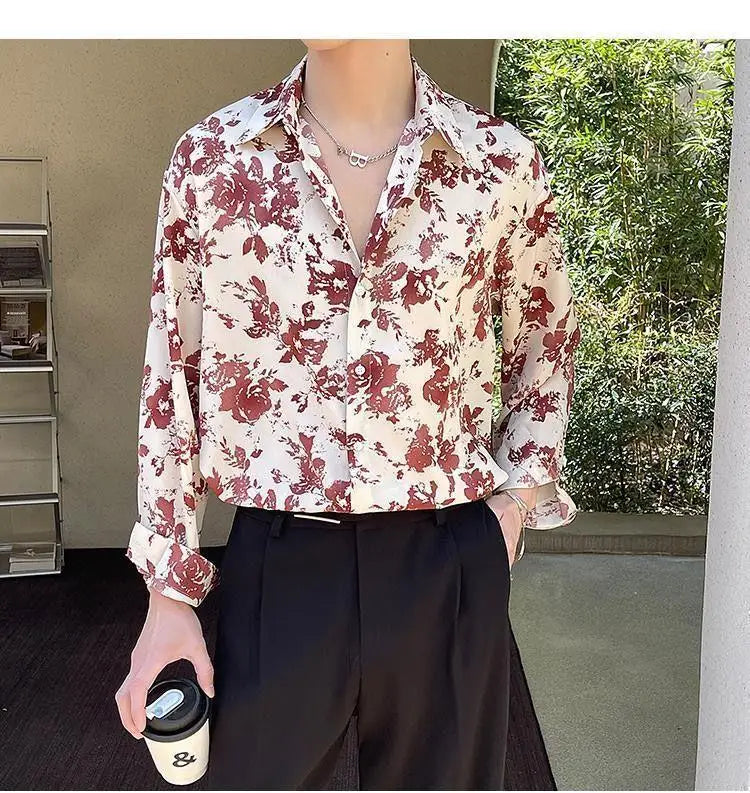 Men's Floral Shirt Men's Style New Long-sleeved Spring Autumn High-end Ice Silk Casual Loose