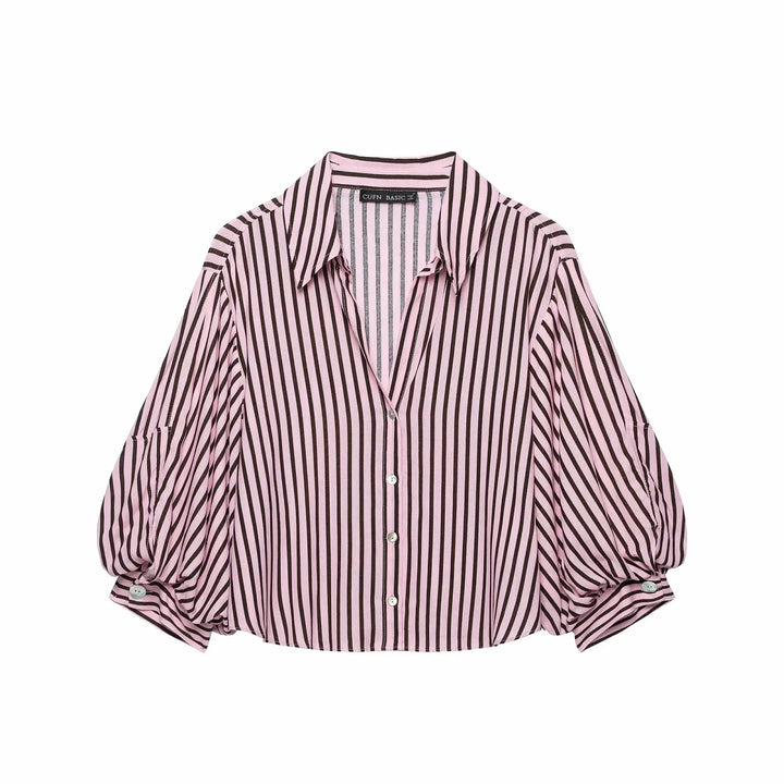 Women Striped Shirts For Women Vintage Elegant Puff Sleeve Summer New High Street Clothes Leisure Single-breasted Lapel Blouse