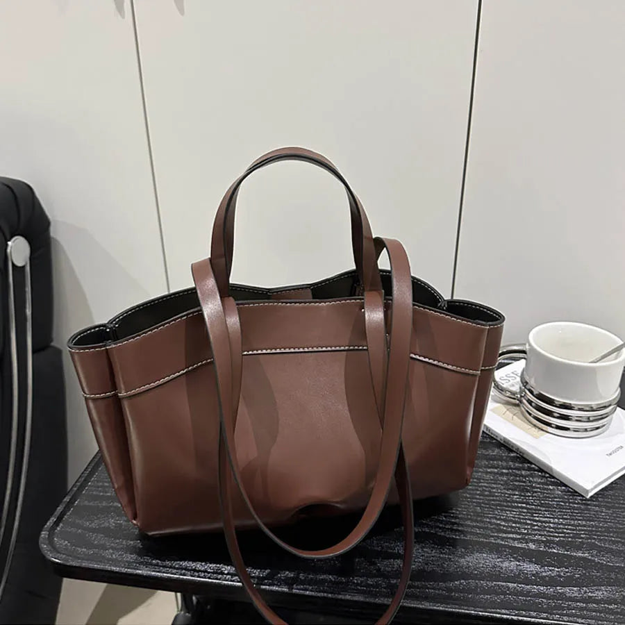 Women’s PU Leather Tote Bag – Large Capacity Vintage Shoulder & Crossbody Purse