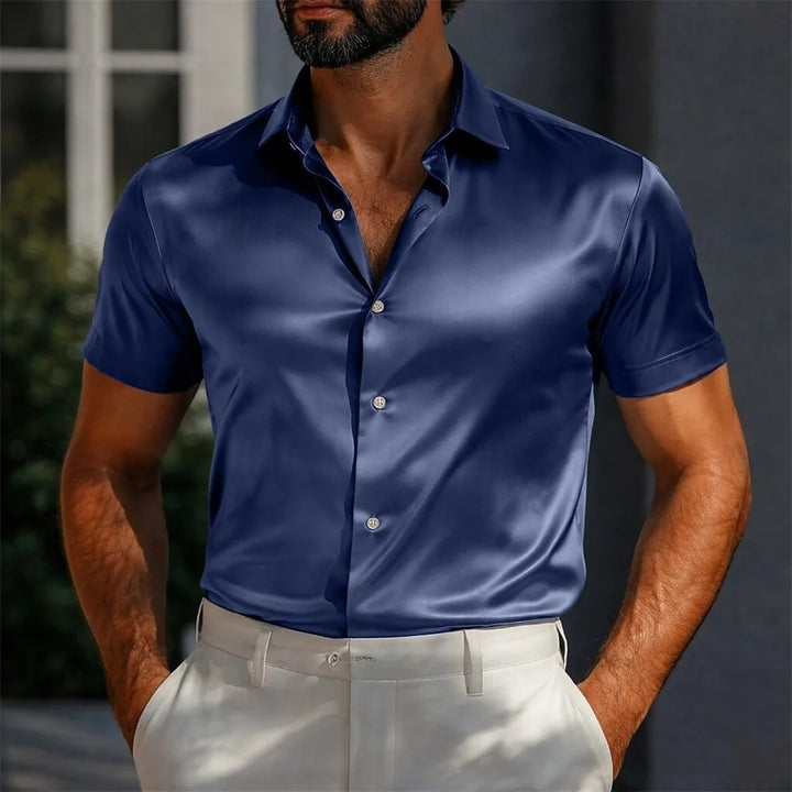 Men's Shirts Satin Shirts Formal Shirts Solid Color Daily Outdoor Light Blue Black White Navy Blue Short Sleeve Cuffed Summer Cl
