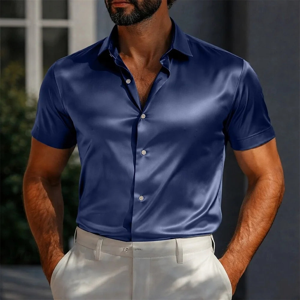 Men's Shirts Satin Shirts Formal Shirts Solid Color Daily Outdoor Light Blue Black White Navy Blue Short Sleeve Cuffed Summer Cl