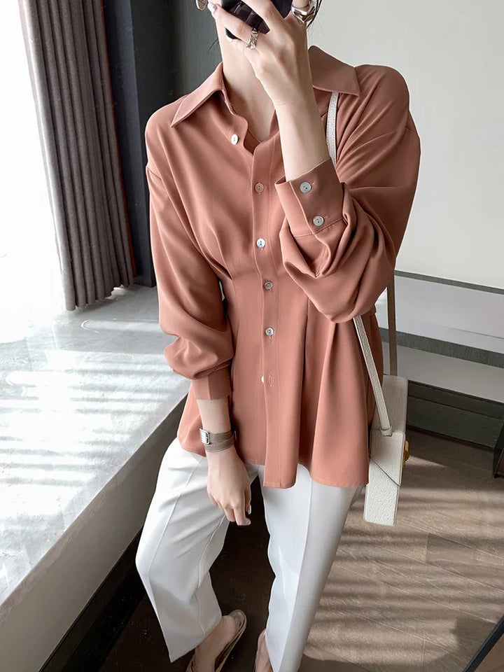 Elegant Women Shirts Woman Waist Long Sleeve Lapel Single Breasted Sashe Shirt Office Lady Business Pleated Ruched Blouses Tops