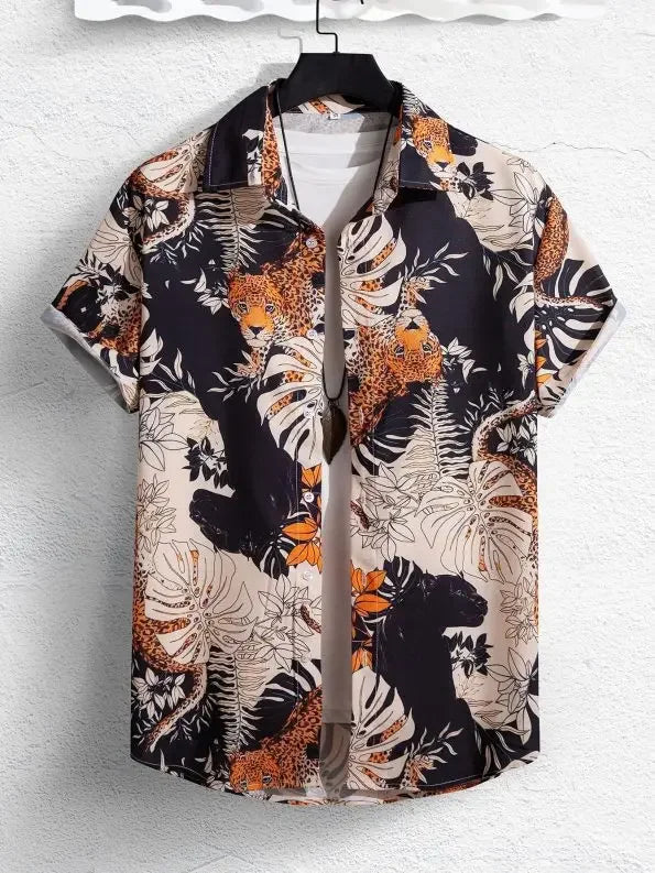 Men's Hawaiian Shirts Men's Short Sleeve Shirts Summer Casual Monstera Print Lapel Short Sleeve Shirts
