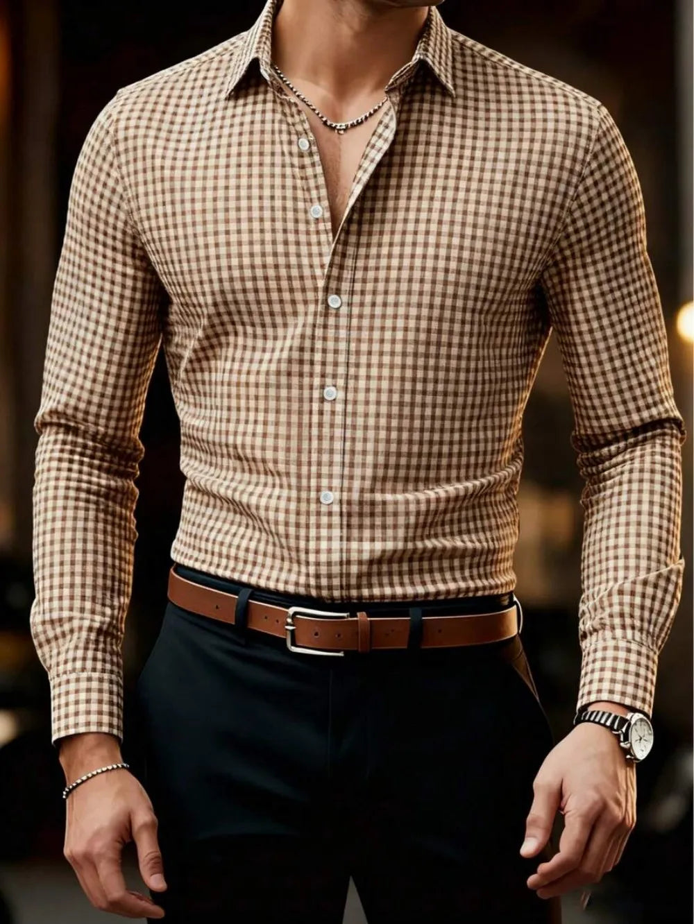 Men's button-up shirt, casual shirt, yellow, long-sleeved, plaid lapel, streetwear for everyday wear, comfortable, stylish