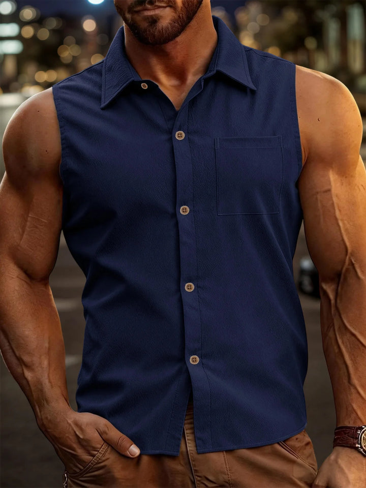 Mens Fashion Casual Sleeveless Shirts Men Turn-down Collar Buttoned Vest Shirt Summer Breathable Male Solid Color Tank Tops