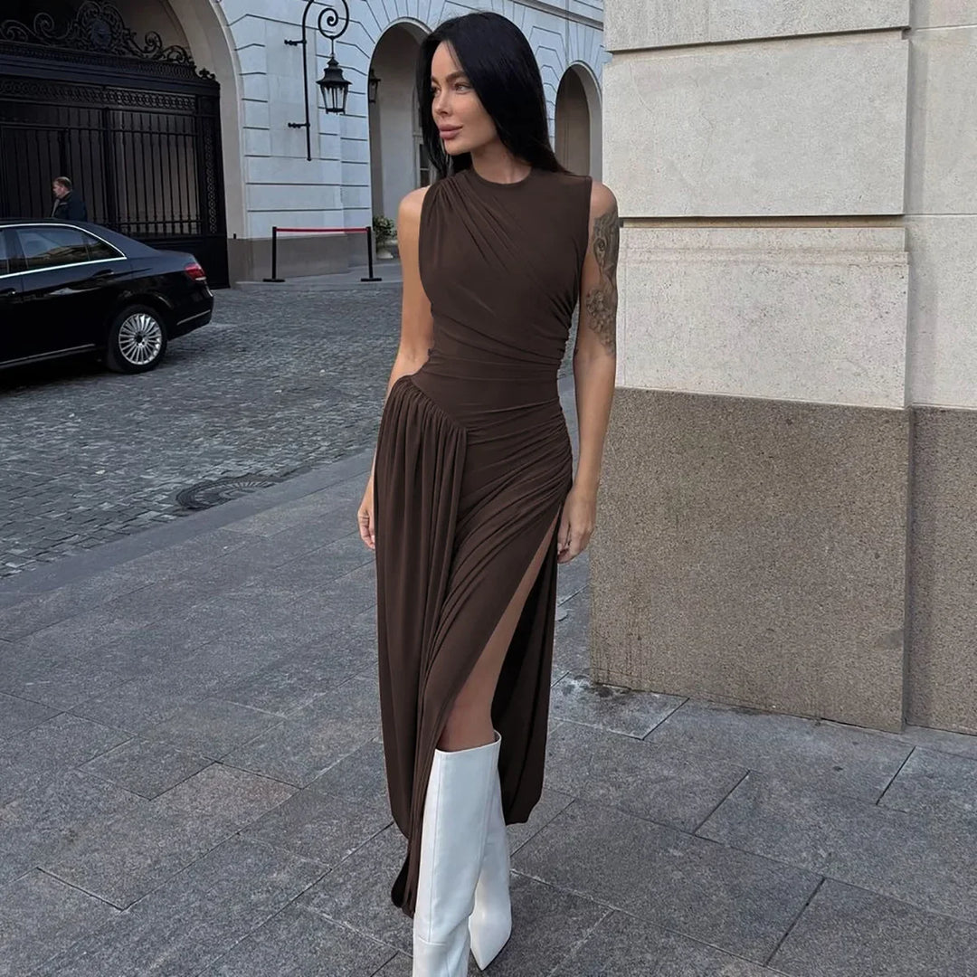 Woman Clothing O-neck Sleeveless Tunics High Slit Long Dress Streetwear Y2K Female High Waist Ruched Solid Holiday Party Dresses