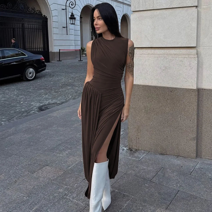 Woman Clothing O-neck Sleeveless Tunics High Slit Long Dress Streetwear Y2K Female High Waist Ruched Solid Holiday Party Dresses