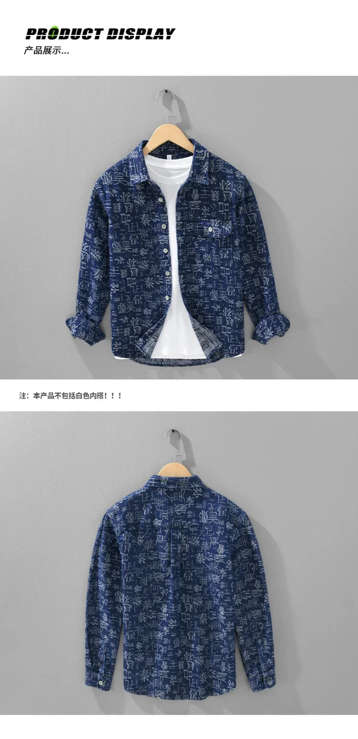 2025 New Shirt Men Autumn Retro Printed Work Clothes Long Sleeved Cardigan Casual Versatile Jacket