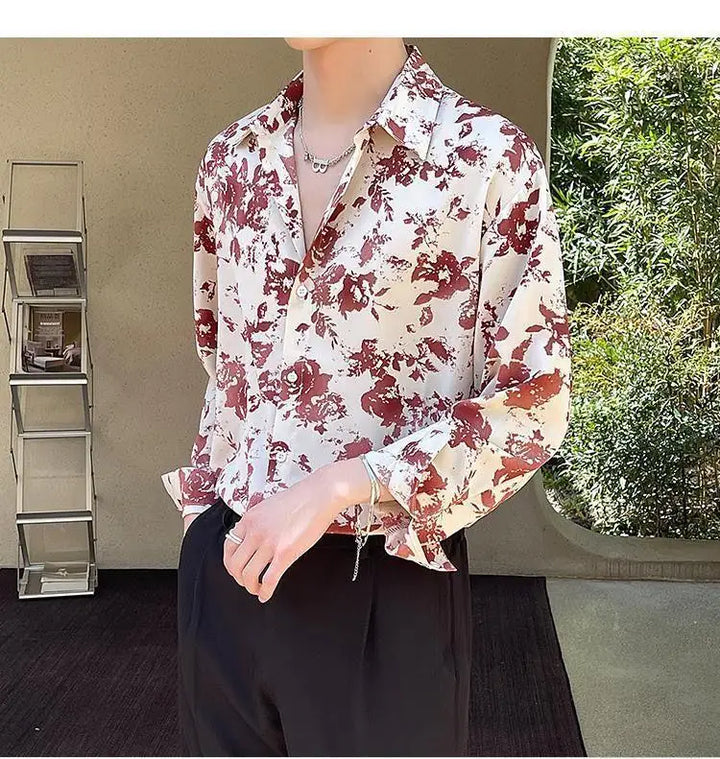 Men's Floral Shirt Men's Style New Long-sleeved Spring Autumn High-end Ice Silk Casual Loose