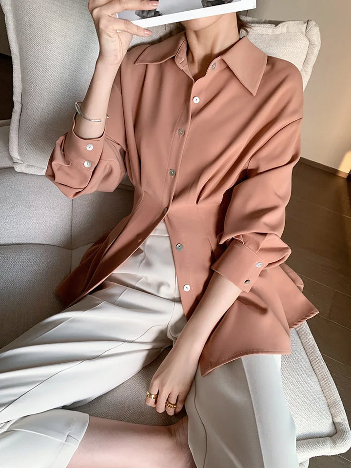Elegant Women Shirts Woman Waist Long Sleeve Lapel Single Breasted Sashe Shirt Office Lady Business Pleated Ruched Blouses Tops