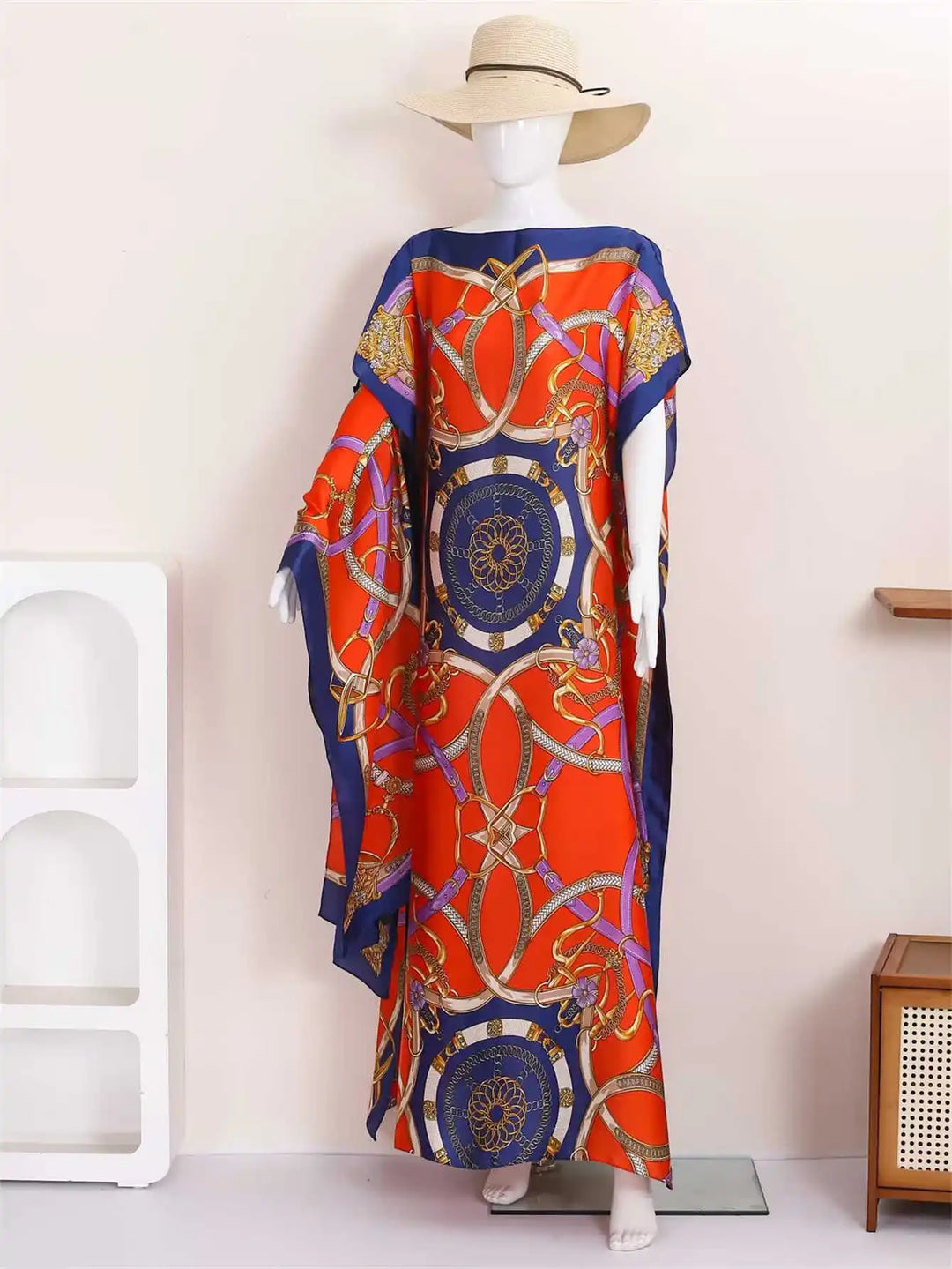 Women Muslim Kaftan Abaya With Matching Hijab Scarf Chain Print Maxi Dress Loose Batwing Sleeve Long Robe Set For Malay