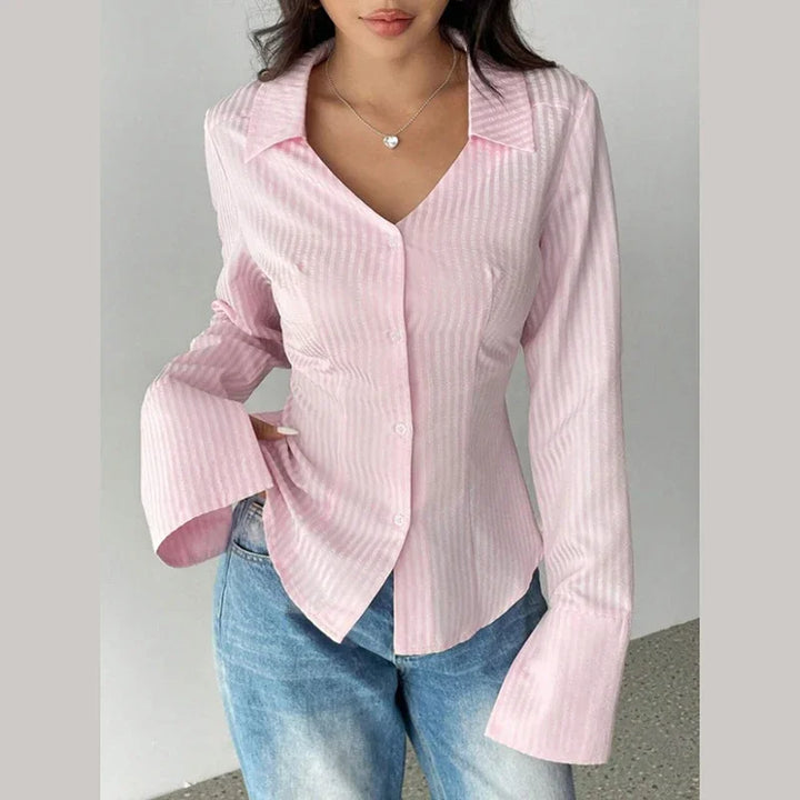 Pink Striped Shirt Women Sexy Turn Down Collar Spring Autumn Chic Blouse Fall Fashion Long Sleeve Single Breasted Slim Tops New