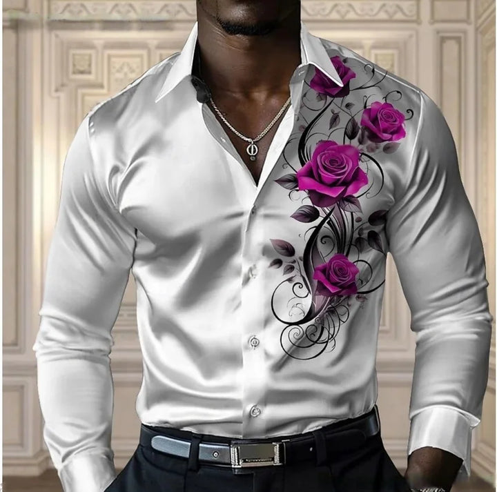 High-end Men's Rose Shirt, Casual and Comfortable Button-Down Long-Sleeved Shirt, Fashionable Four-Season Shirt, Plus-Size Desig