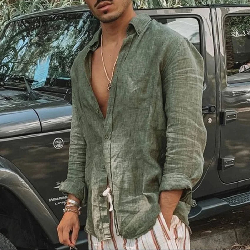 Men's Casual and Stylish Solid-Color Thin Long-Sleeved Collared Shirt/Cardigan Lightweight and Breathable, Suitable for Outdoor