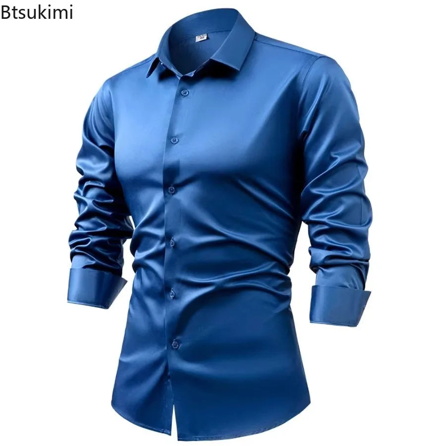High-end Satin Shirts for Men Fashion Long Sleeved Solid Dress Shirts Men's Business Social Non-ironing Wrinkle-resistant Shirts