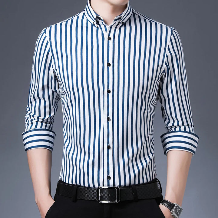 Men's Elegant  Striped Iron-Free Long Sleeve Dress Shirts - Breathable, Stretchy Casual Button Up Shirt For Formal Occasions
