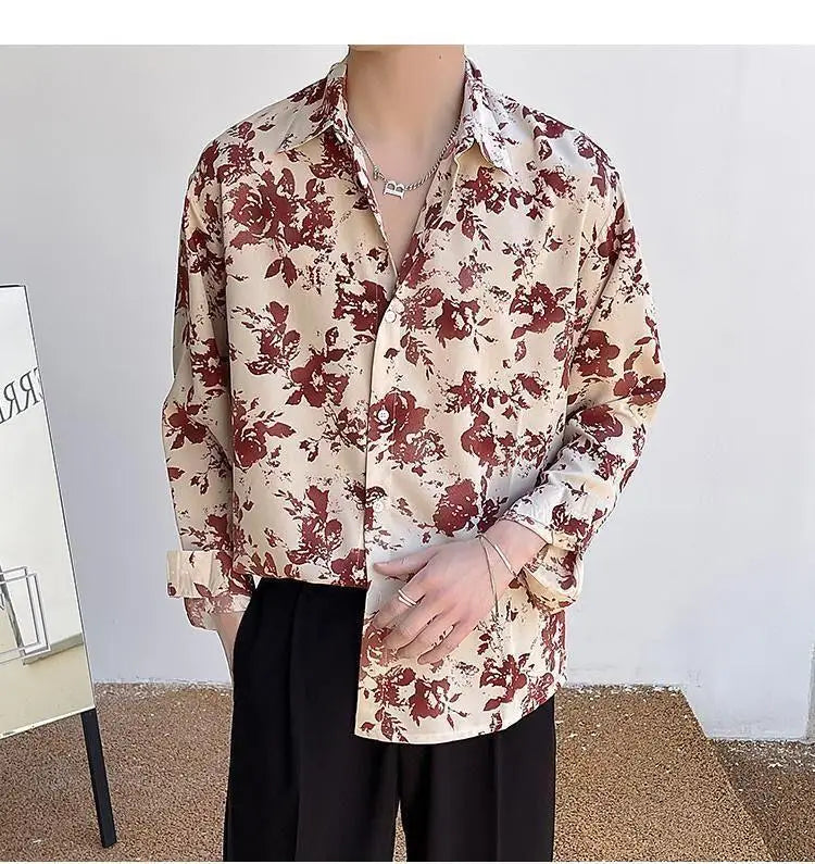 Men's Floral Shirt Men's Style New Long-sleeved Spring Autumn High-end Ice Silk Casual Loose