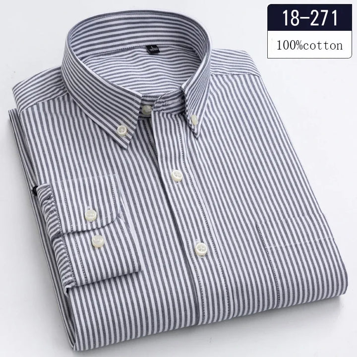 New in Shirt 100% Cotton Long-Sleeve Shirts for Men Slim Fit Plain Shirt Thin Plaid Striped Tops Fashion Elegants Office Clothes