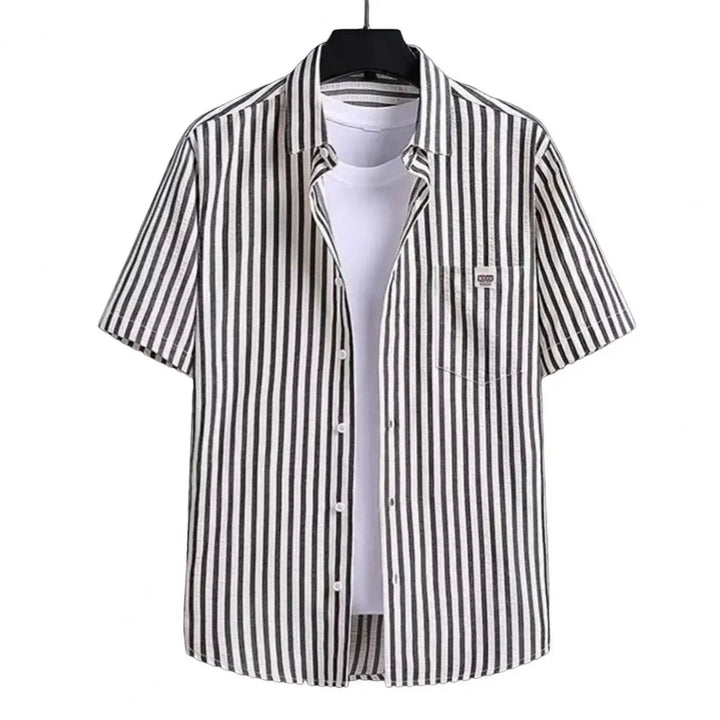 Men Striped Shirt Short Sleeve With Patch Pocket Lapel Loose Fit Summer Casual Button Down Tops