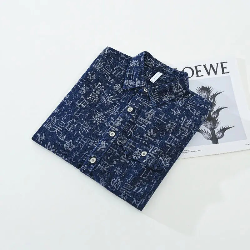 2025 New Shirt Men Autumn Retro Printed Work Clothes Long Sleeved Cardigan Casual Versatile Jacket